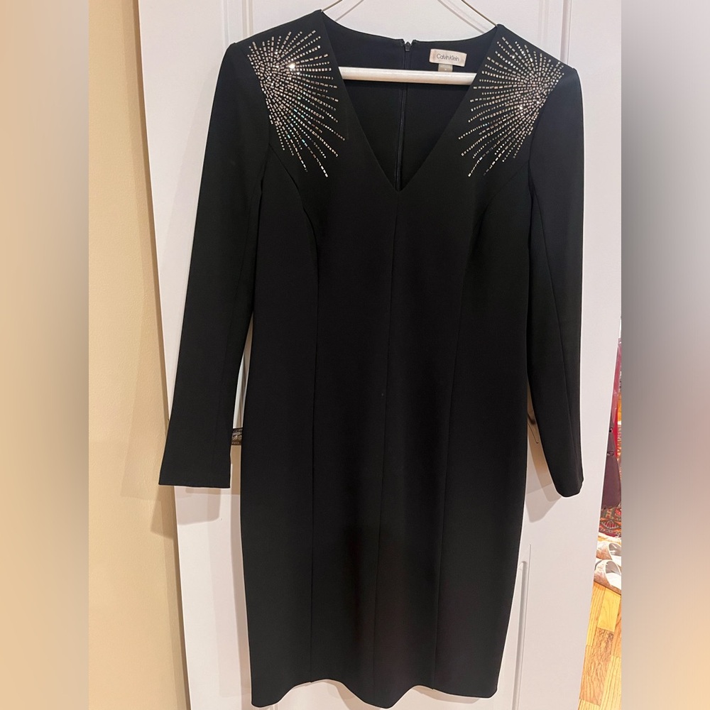 Calvin Klein dressy black midi dress with silver rhinestones size 14